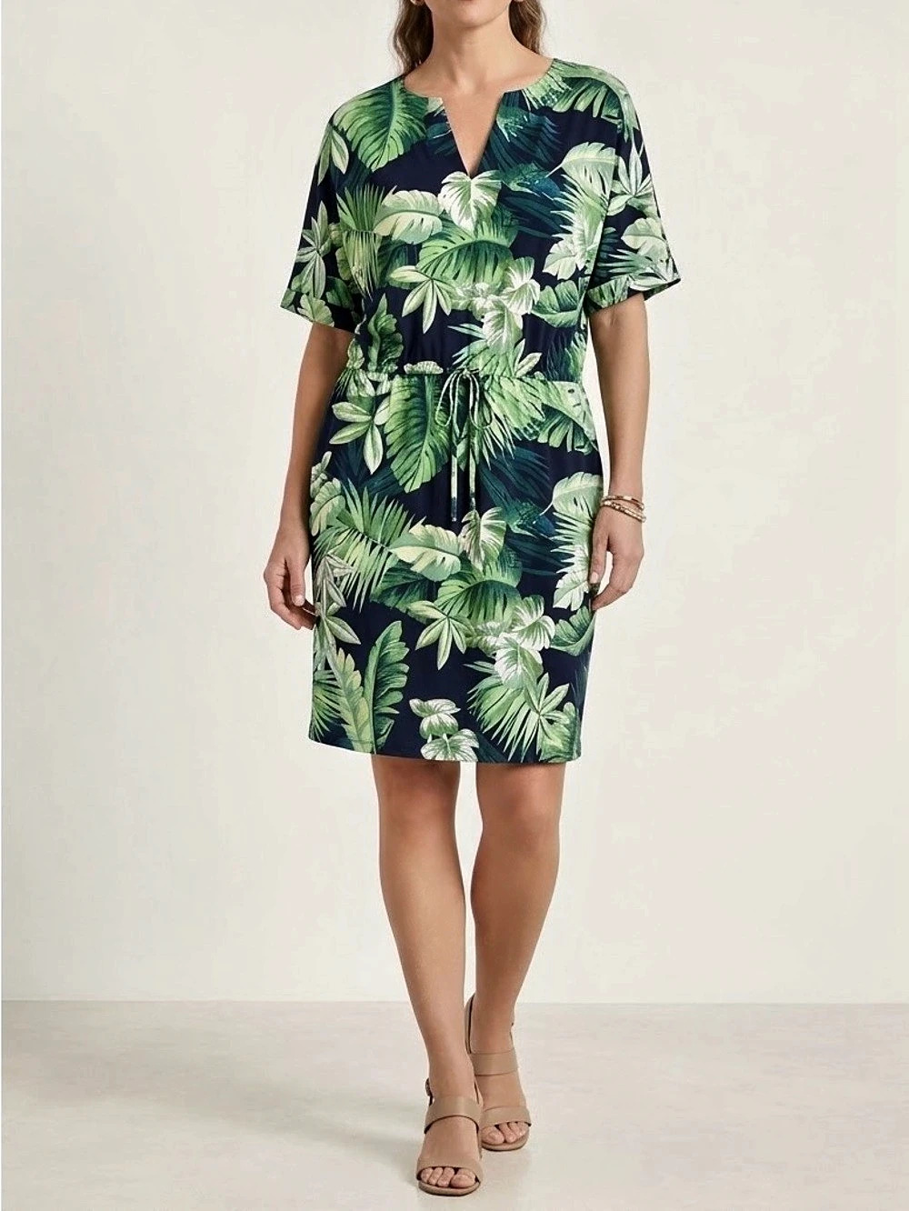 Chico's Floral Palm Print Dress Tropical Floral Dress in Green Navy 3 16/18